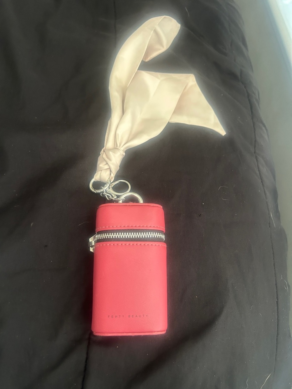 Fenty Beauty Pink Leather Zip Keychain Case with Cream Scarf Accent